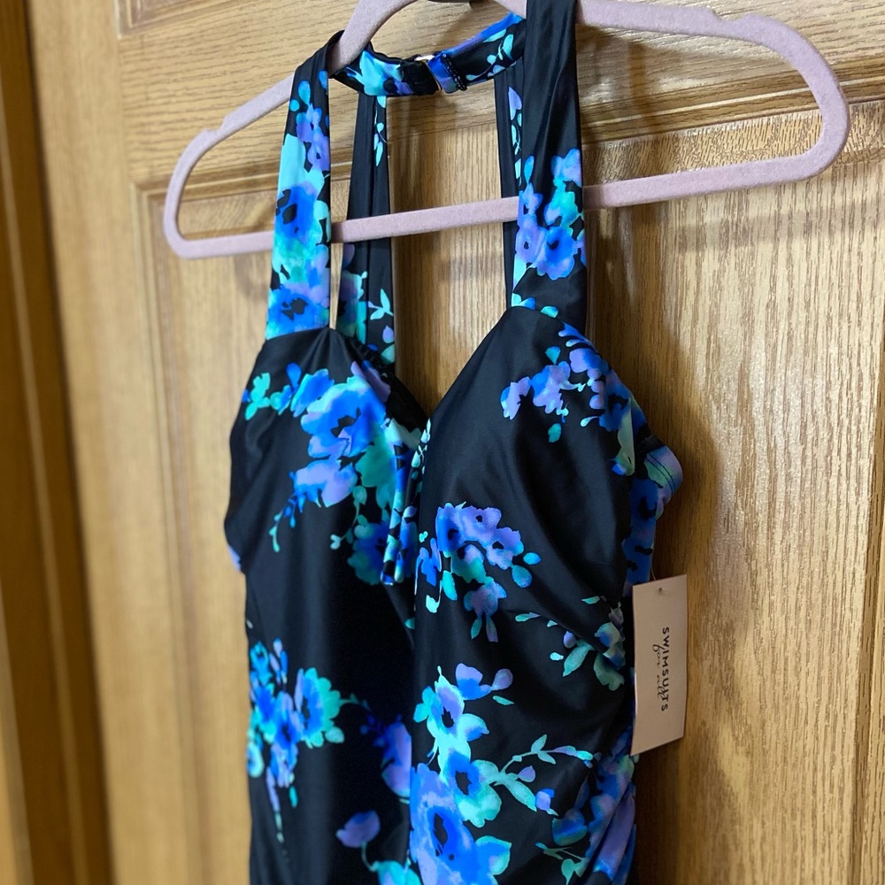 Floral Halter Neck Swimsuit - Black and Blue - Picture 3 of 4